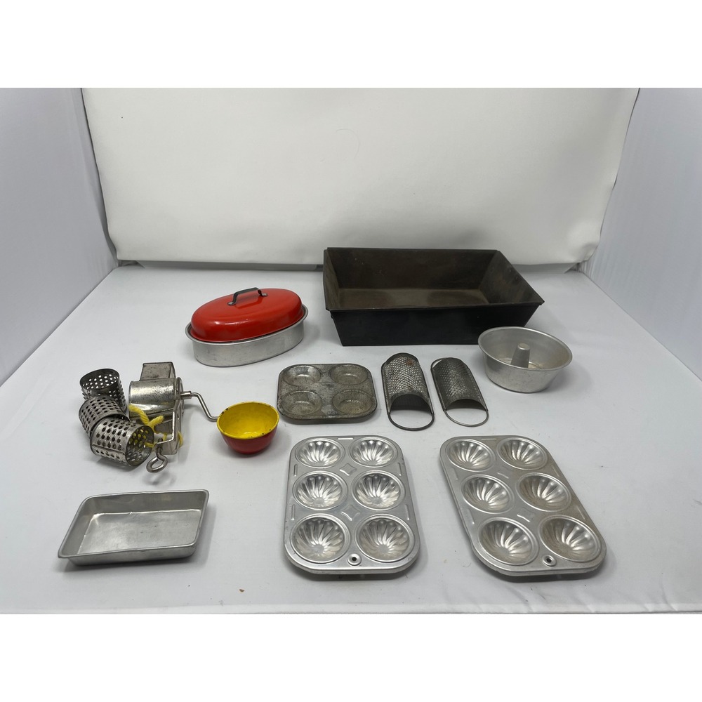 Vintage Toy Kitchenware Lot – Mid Century Metal & Enamel Play Cooking Tools Pans